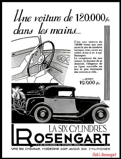 affiche-pub-Rosengart-6-cylindres-une-six-chevaux-moderne-Publicite-Automobile-de-1932
